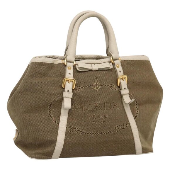 PRADA Hand Bag Canvas Leather Beige White gold Auth am7707 - Picture 1 of 16
